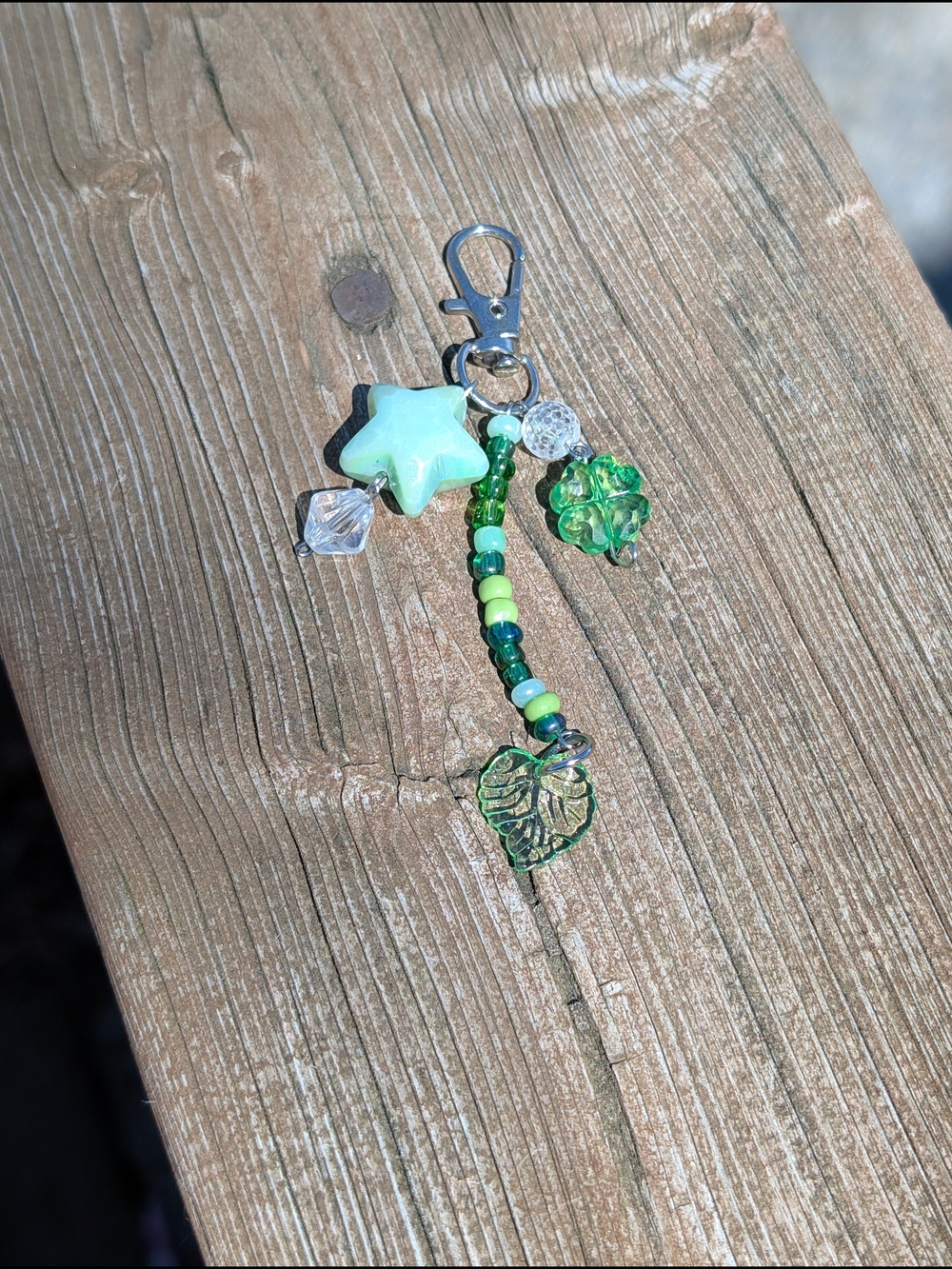 Handmade Green Beaded Star & Leaf Keychain Charm